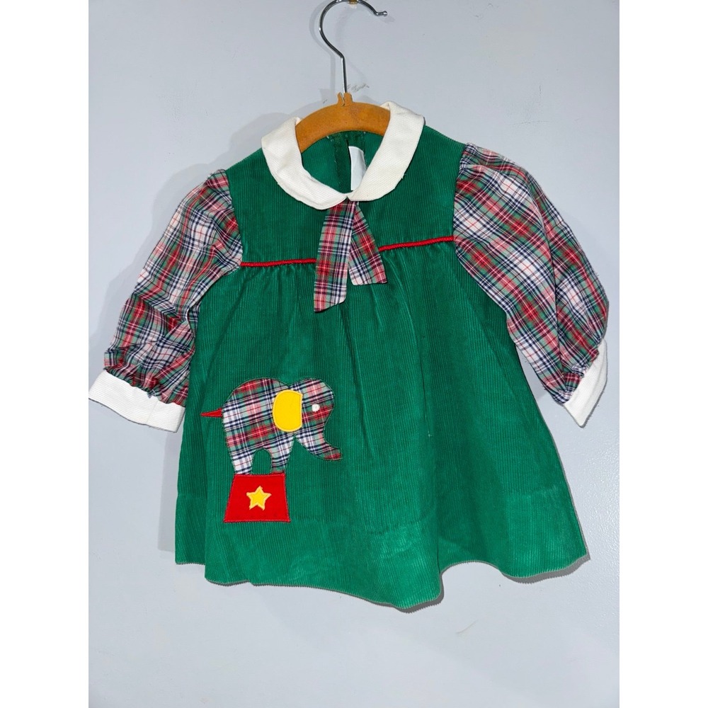 Betti Terell by Johnston vintage green corduroy circus elephant‎ dress 6-9 mths